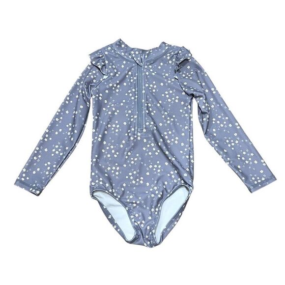Quincy Mae Grey White Floral Olivia Zip One-Piece Rashguard Swimsuit Size 2-3Y - Picture 1 of 7